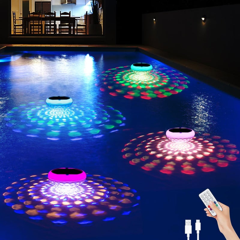 BOXPSII Solar and USB Rechargeable Floating Pool Lights, 2600mAh 6.7" IP68 Waterproof Pool Lights That Float with Remote, RGB 13 Colors Upper and Lower Glow Hangable Solar Floating Light for Outdoor 4 PCS - Image 1